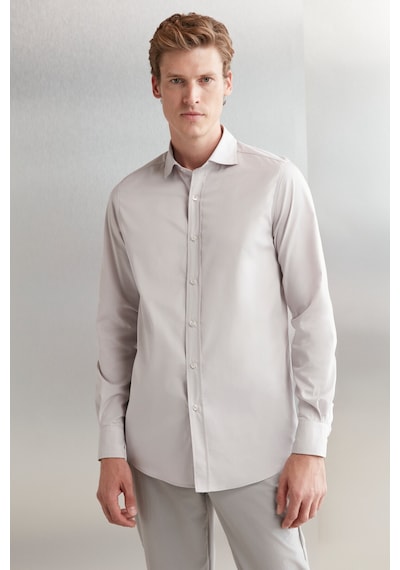 Grımelange Carlsten Erkek Slim Fit Italyan Yaka %100 Pamuk Poplin Açık Gri Gömlek