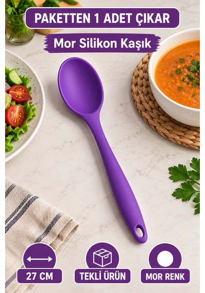 Tekli Mor Büyük Boy Silikon Kaşık 27 Cm Mutfak Yemek Pişirme Ve Servis Kaşığı Evde Yemek Sunumu İçin