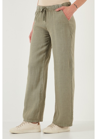 Lela Relaxed Fit Normal Bel Geniş Paça Çift Cepli Keten Bayan Pantolon 668Yp4991 Haki