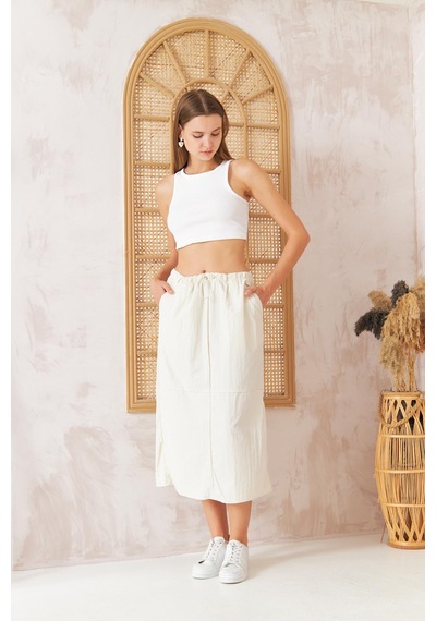 Darlin Moda Kadın Ekru Paraşüt Etek Midi Cep Detaylı Beli Lastikli Stoperli Dm2036 Ekru