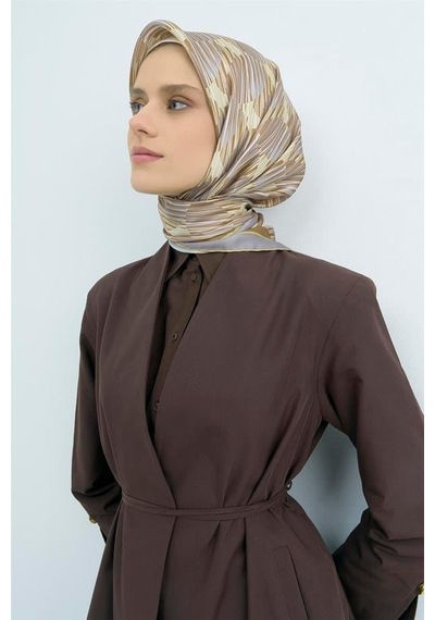 Armine Sura Saf İpek Eşarp 9533 - 83 Gri Sarı Çizgi Desen Gri