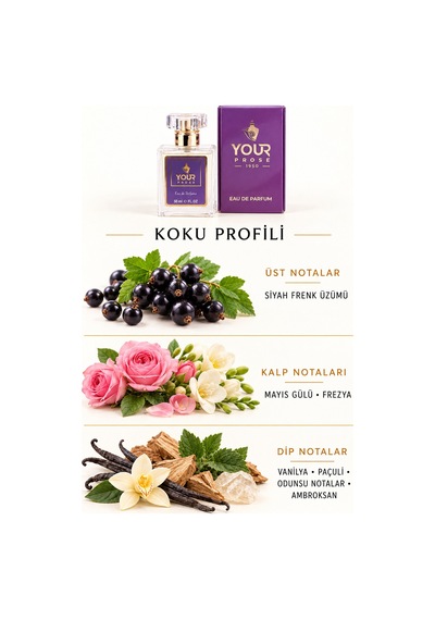 Your Prose K101 Siyah Frenk Üzümü, Gül Ve Vanilya Notalı Meyvemsi Çiçeksi Kadın Parfümü Edp 50 Ml - 8690352000012yp101 Meyveli