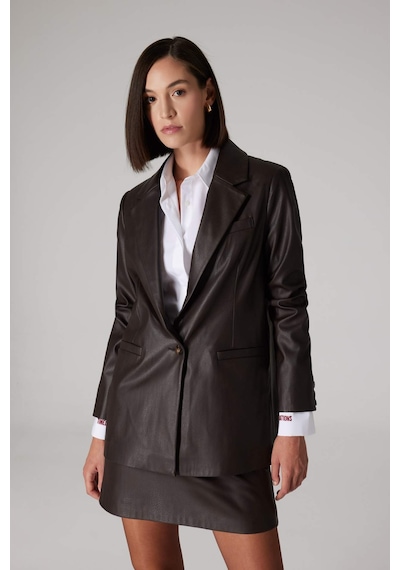 DeFacto x Sorbe OversizeGeniş Kalıp Ceket Yaka Suni Deri Düğmeli Blazer Ceket D9714AX24AUBN225 Kahve