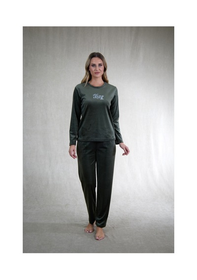Estiva Kadın Something Yazılı Kadife Pijama Takımı Haki