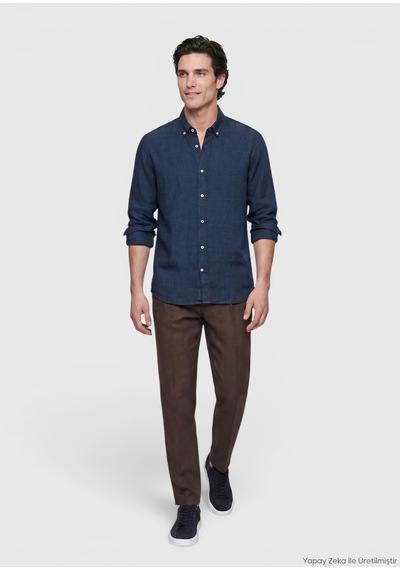 Ramsey İndigo Düz Casual Fit Uzun Dokuma Casual %100 Keten Gömlek