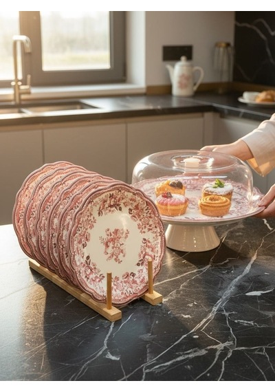 8 Parça Porselen Velour Maroon Pasta Seti-5688 Pembe