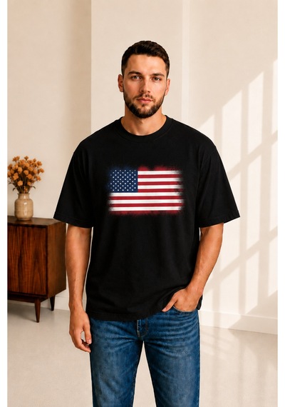 Sngl Tekstil Erkek Oversize Amerika Bayrak Baskılı Kısa Kollu Tişört S M L Xl 2xl Siyah