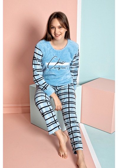 Nisanca Kışlık Kadın Polar Pijama Takımı - Yılbaşı Pijaması mavi