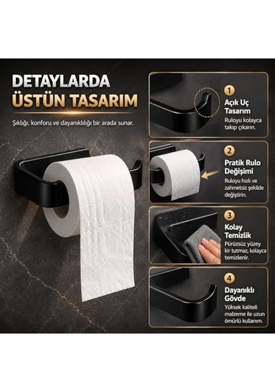 Siyah Lamalı Tuvalet Kağıtlığı, Hem Yapışkanlı Hem Vidalı Montajlı Wc Kağıt Askılığı, Açık Uç Tasarımlı Banyo Tuvalet Kağıdı Tutucu, Mat Siyah Modern Kağıtlık 000 Açık Krem