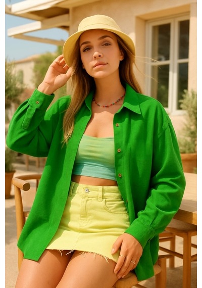 Defymoda Kadın Uzun Kollu Oversize Gömlek Yeşil