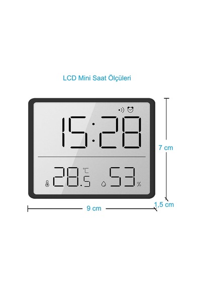 Mıknatıslı Lcd Dijital Ekran 9x7 Cm Pilli Mini Saat Alarm Saat Nem Göstergesi Sıcaklık Ölçer Siyah