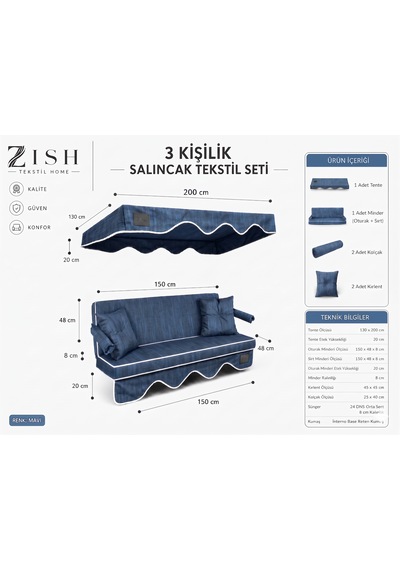 Altaleno 3 Kişilik 150 48 Cm Süngerli Bahçe Balkon Salıncak Minderi Yıkanabilir Kılıflı, Tenteli Keten Kumaş Tekstil Seti 24 Dns 8 Cm Orta Sert Sünger Mavi