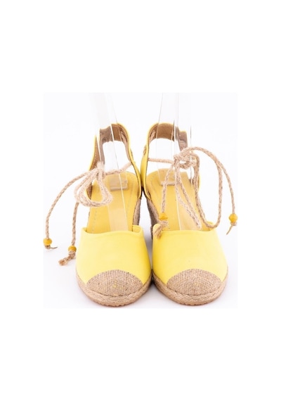 Star Tombis Gerçek Elişi Bilekten Bağcıklı Topuğu Açık Dolgu Topuk Sarı Keten Hasır Espadril Handmade Sarı