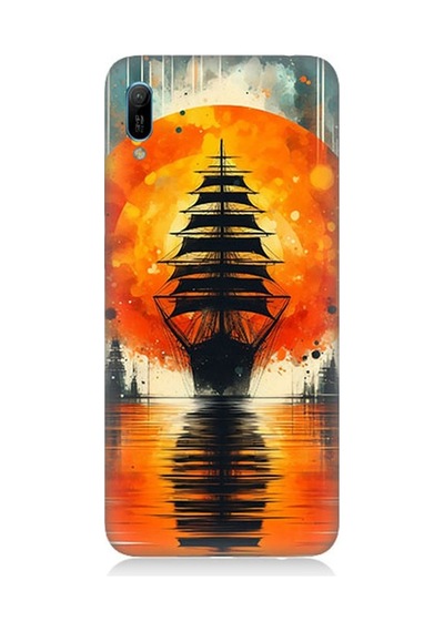 Huawei Y6 2019 Uyumlu Gün Batımında Yelkenli Desenli Silikon Kılıf Çok Renkli