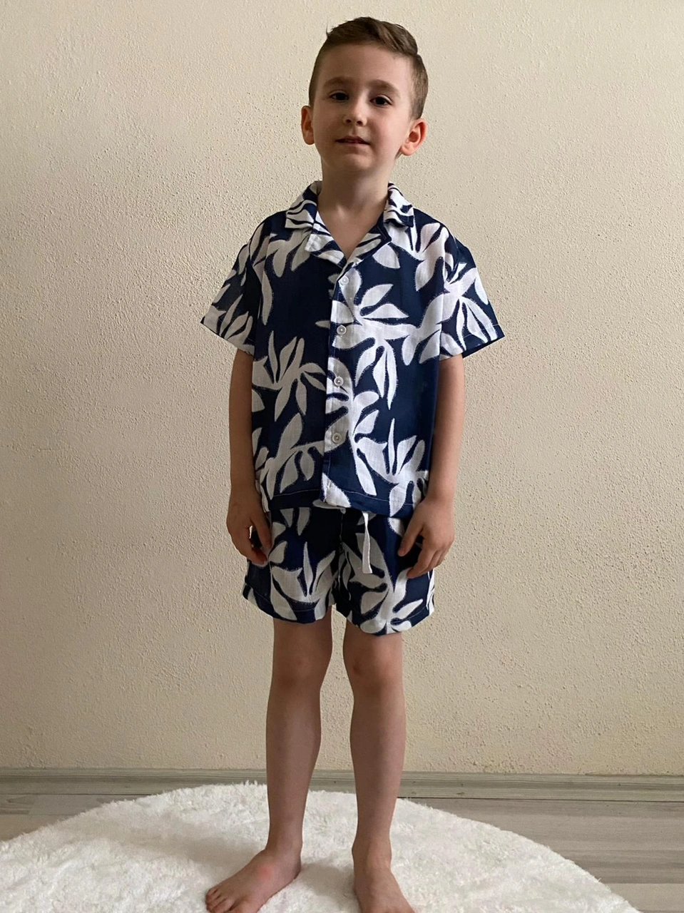 Cg Kids Lacivert Ince Keten Yaprak Desen Kaliteli Kumaş Erkek Çoc Lacivert