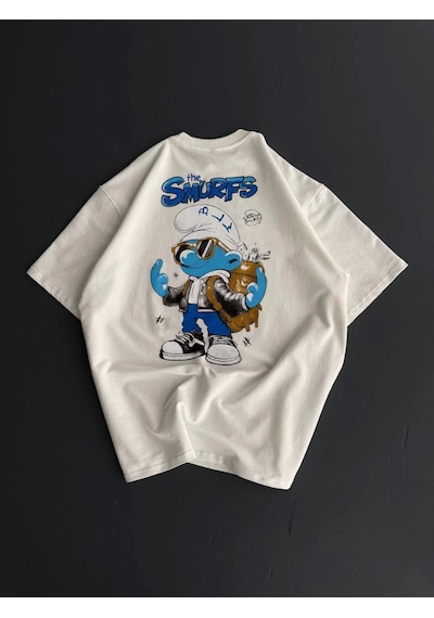Ön Ve Arka Baskılı Oversize Bisiklet Yaka T-shirt- Beyaz Çok Renkli
