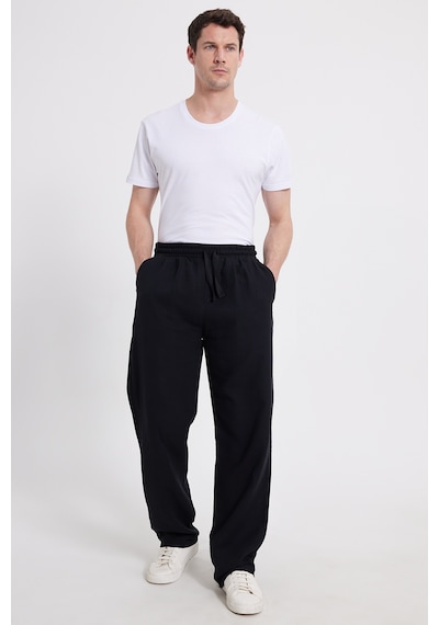 Tudors Erkek Baggy Fit Geniş Kesim %100 Pamuk Beli Lastikli Yandan Cepli Müslin Siyah Düz Pantolon-46259