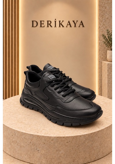Deri Kaya Erkek Kalın Taban Bağcıklı Günlük Sneaker Spor Ayakkabı Siyah