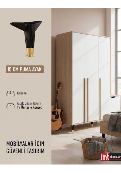 Puma 15 Cm Siyah-altın 6'lı Set Mobilya Kanepe Tv Ünitesi Dolap Konsol Ve Destek Ayağı Siyah-altın