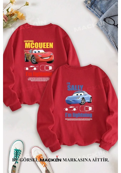 Macklin Sevgili Çift Kombin Şimşek Mcqueen Ve Sally Sırt Baskılı Bisiklet Yaka Sweatshirt 2li Set Takım Kırmızı Mck1361 Kırmızı
