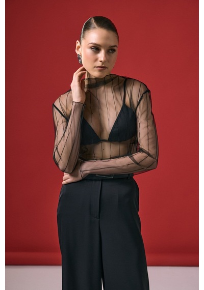 Ckm Moda Vaze Çizgili Transparan Bluz Siyah