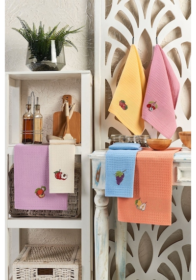 Eponj Home 6lı Kurulama Peçetesi Nakışlı 40x60 Meyve Pembe-lila