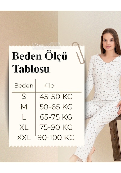 Kadın Pamuklu Yaprak Desenli Boydan Düğmeli Likralı Pijama Takım Kahverengi