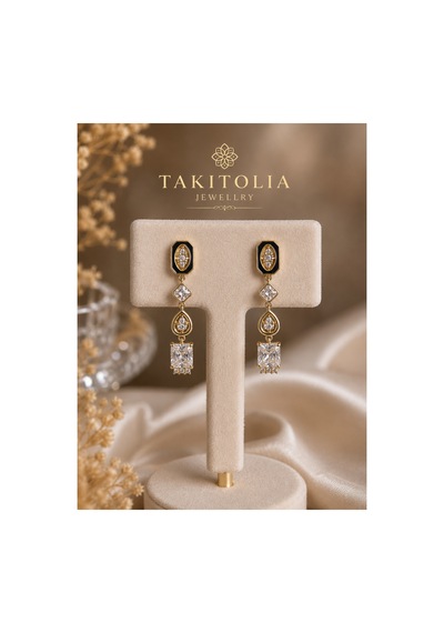 Swise Altın Renk Zirkon Taşlı Siyah Detaylı Geometrik Gold Sallantılı Şık Tasarım Premium Küpe