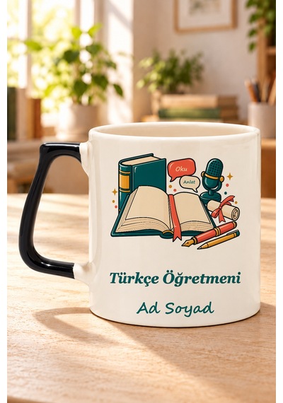 Türkçe Öğretmeni İsimli Baskılı Siyah Kulplu Prime Kupa