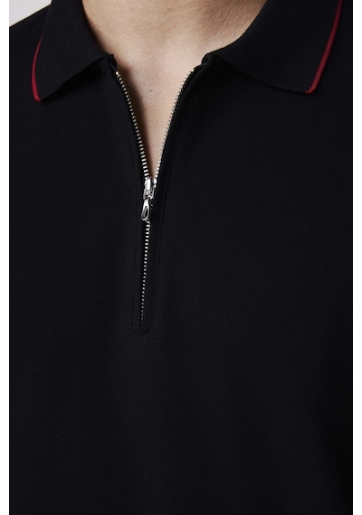Tudors Erkek Polo Yaka Slim Fit Pamuk Fermuarlı Pike Siyah Tişört-27685-Siyah