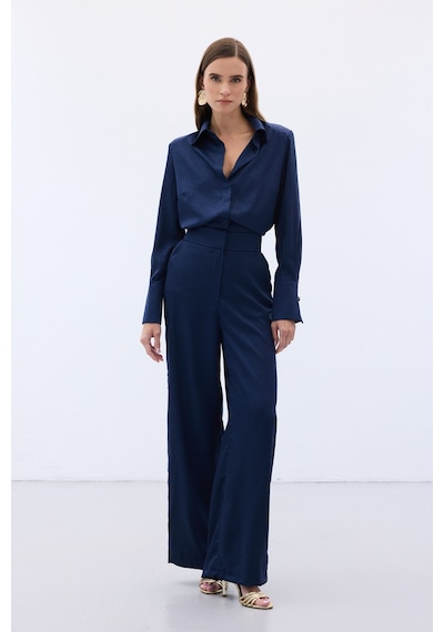 Sateen Jakarlı Pantolon - Lacivert-136611 Lacivert