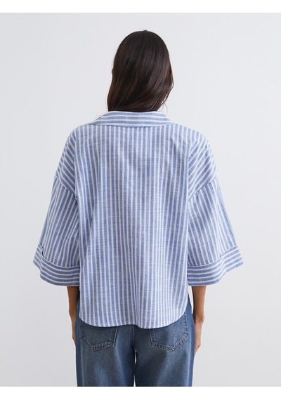 Lcw Vision Mavi Çizgili Oversize Poplin Kadın Gömlek