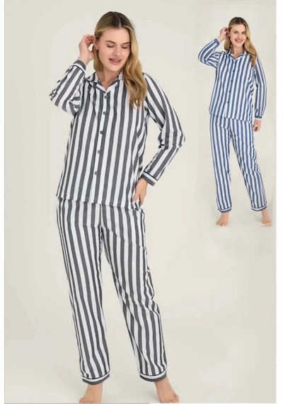 Kocabey 4007 Kadın Uzun Kol Çizgili Gaffuriye Pijama Takımı Mavi