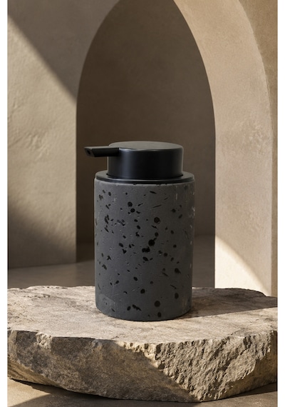 Terra Stoneware Traverten Dokulu Siyah Pompalı Dekoratif Sıvı Sabunluk 500 Ml , 13 X 7.5 Cm