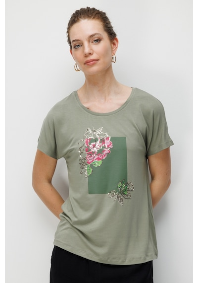 Kadın Sıfır Yaka Önü Payet Güllü Penye T-shirt Haki Haki