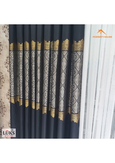 Lüks Siyah Fon Pano Perde Sık Pile Tek Kanat - Modern House Siyah