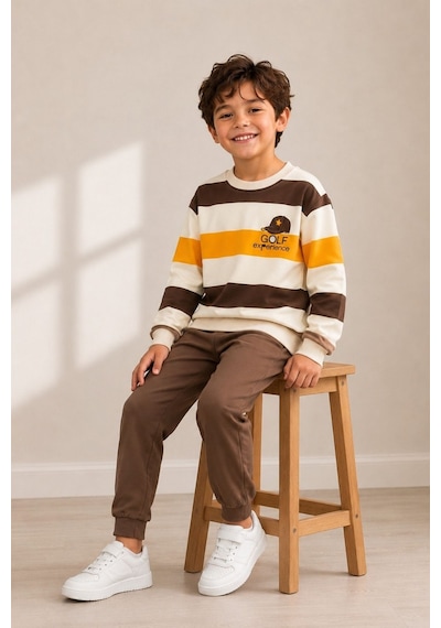 Pina Kids Erkek Çocuk Çizgili Desenli Okul Günlük Eşofman Takımı Esf7036 Kahverengi