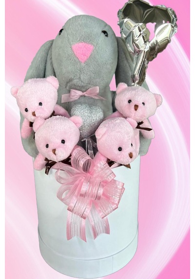 Sole Premium Özel Kutusunda 45 Cm Gri Bunny Tavşan, Simli Kalp 4 Pembe Ayıcık Ve Kalp Balonlu Buket