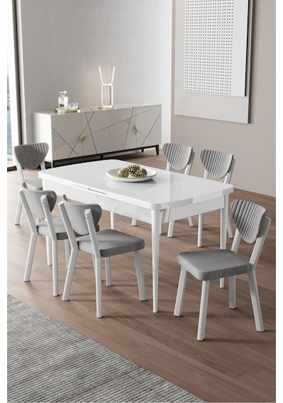Canisa Exve Serisi 80x132 Açılabilir Beyaz Masa Takımı Ve 6 Gri Sandalye Masa Beyaz Sandalyeler Gri Canisa Exve Serisi 80x132 Açılabilir Beyaz Masa Takımı Ve 6 Gri Sandalye Masa Beyaz Sandalyeler Gri