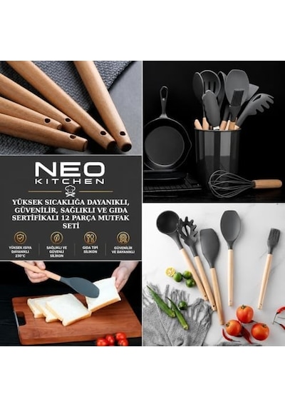 Neo Isıya Dayanıklı Silikon Yanmaz Yapışmaz Standlı 11 Parça Servis Seti Mutfak Seti Kaşık Kepçe Seti Gri Renk Ahşap