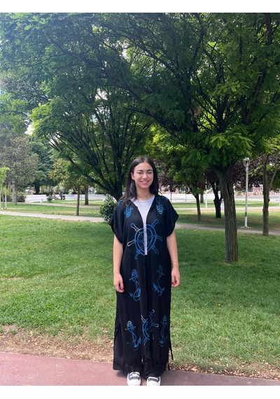 Mavi Denizci Desenli Siyah Salaş Kimono Kaftan Standart Mavi