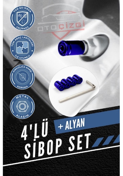 Renkli 4 Lü Sibop Kapak Seti Araba & Motosiklet Uyumlu, Alüminyum, Hava Kaçağını  - Mavi