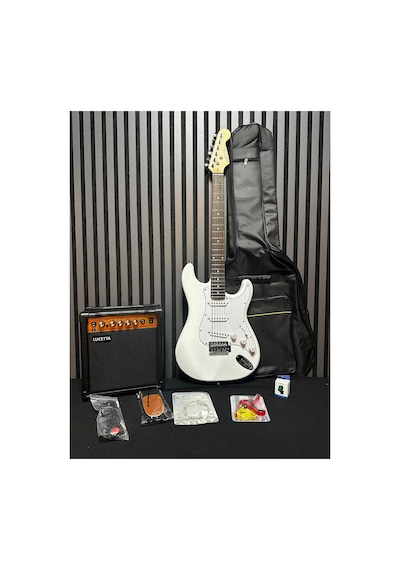 Beyaz Elektro Gitar Set Sss Manyetiki Gitar-amfi-askı-kapo-tuner-kılıf-kablo-pena-yedek Takım Tel