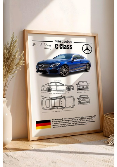 Mercedes C Serisi Tablo - Teknik Özellikli Amg C 63 S Poster - Çerçeveli Duvar Dekoru - Blueprint Kayın