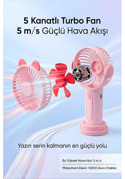 Şarjlı Taşınabilir Sevimli Kulak Tasarımlı Mini Fan 3 Kademeli Hız Telefon Standlı Vantilatör Pembe
