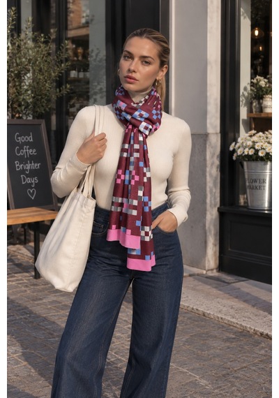 Tarzını Seç Bordo Geometrik Kare Desenli Yumoş Polar Kışlık Şal Atkı 70 X 180 Cm