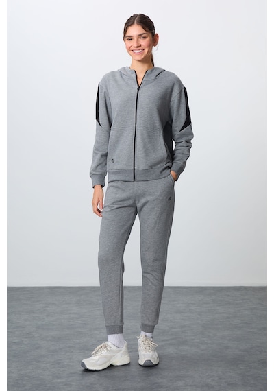 Tommy Life Gri Melanj Kompakt Pamuklu Kalın Pürüzsüz Dokulu Kapüşonlu Oversize Fit Kadın Eşofman Takım - 95343 GRİ MELANJ