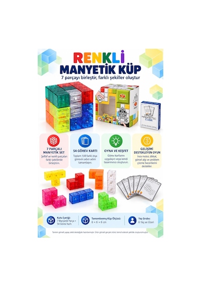 Manyetik Küp Blok 7 Parça Şeffaf Renkli Zeka Ve Stem Yapı Oyuncağı 54 Kartlı 6 X 6 X 6 Cm