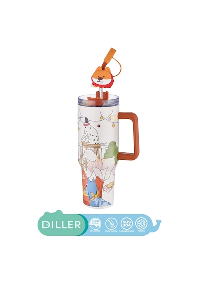 Diller 1200ml Sevimli Hayvanlar Tumbler Pipetli/pipetsiz Kulplu Paslanmaz Çelik Termos