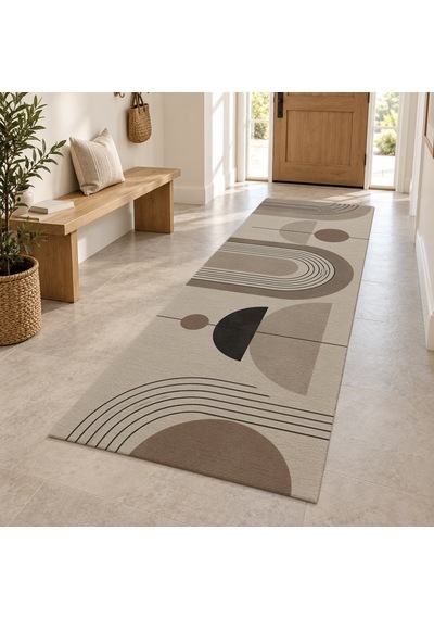 Kartela Halı Sakin Kemerler Bej Antrasit Koridor Mutfak Yolluk Halısı Kaymaz Taban 80x240 Cm